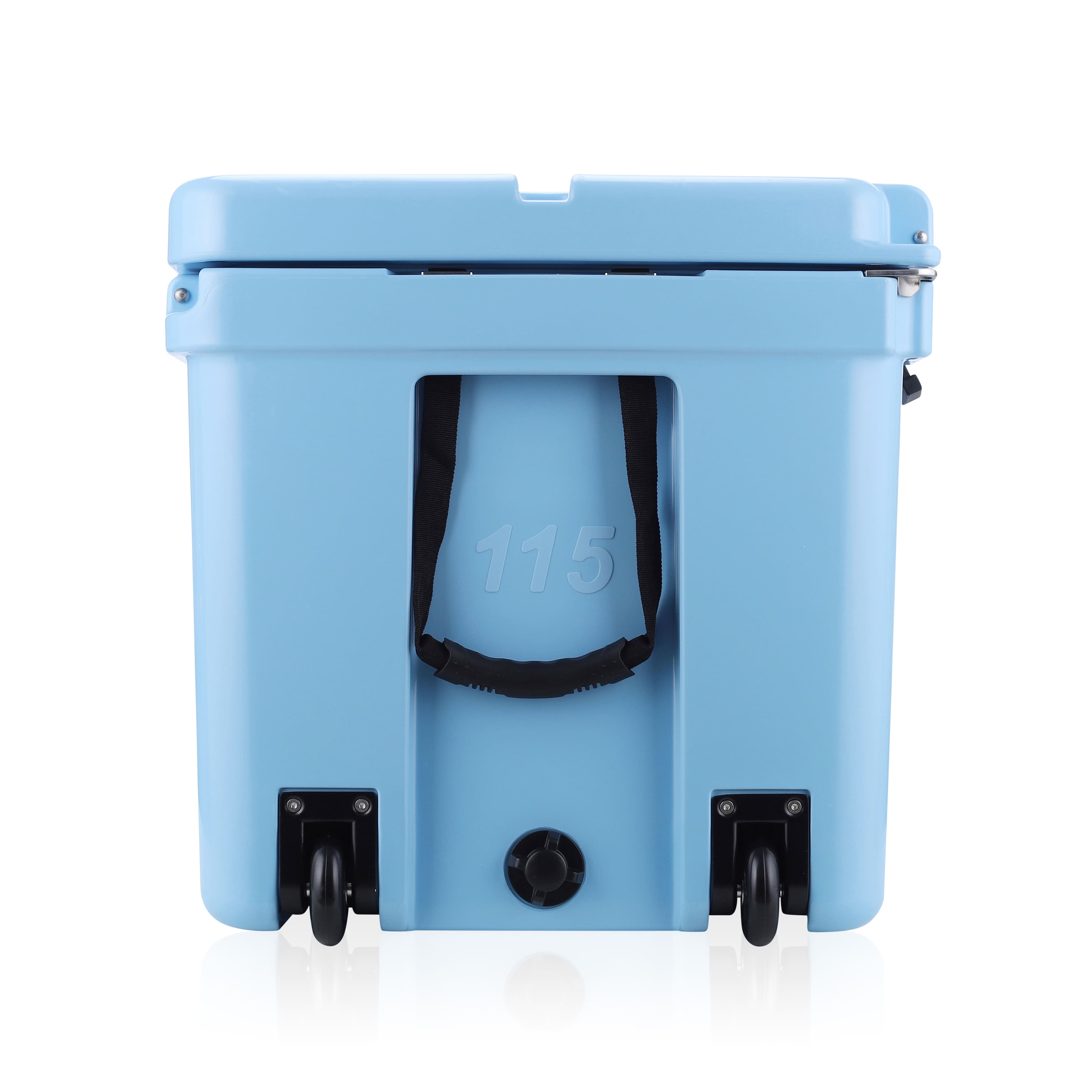 side image showing wheels of Carolina Blue cooler.