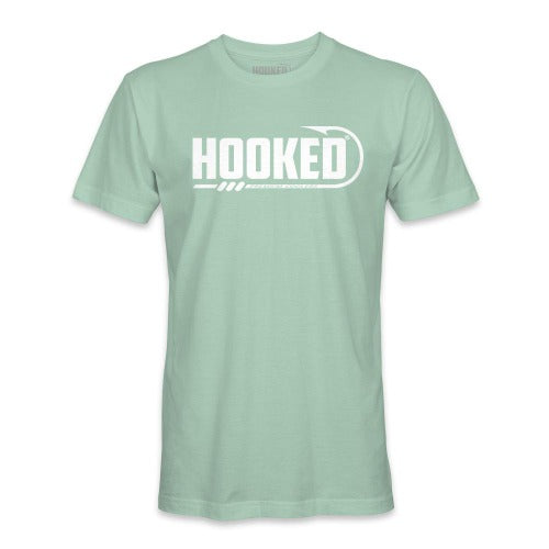Seafoam color shirt with Hooked logo