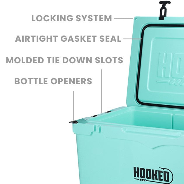 Top features of cooler. Bottle openers, tie down slots, gasket and locking system.