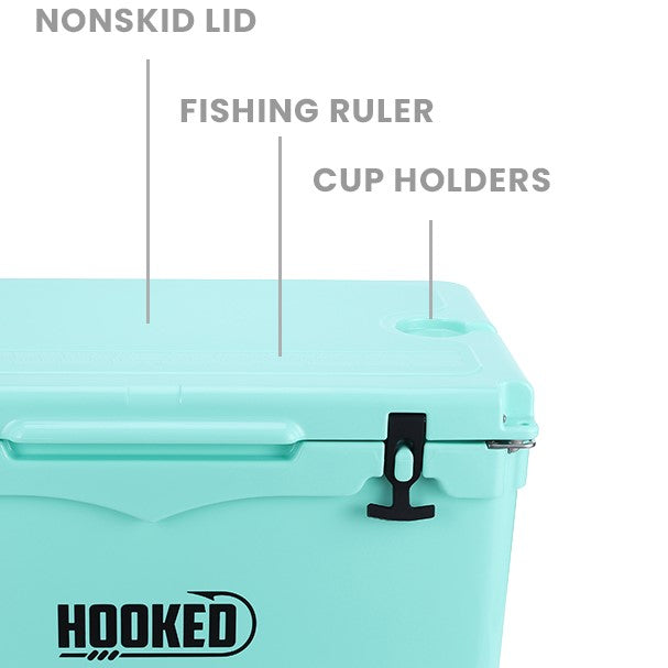 picture showing top side features of cooler, nonskid lid, fishing ruler and cup holders.